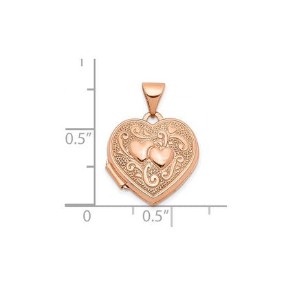 10k Rose Gold Textured Double Heart Scroll Design 15mm Heart Locket