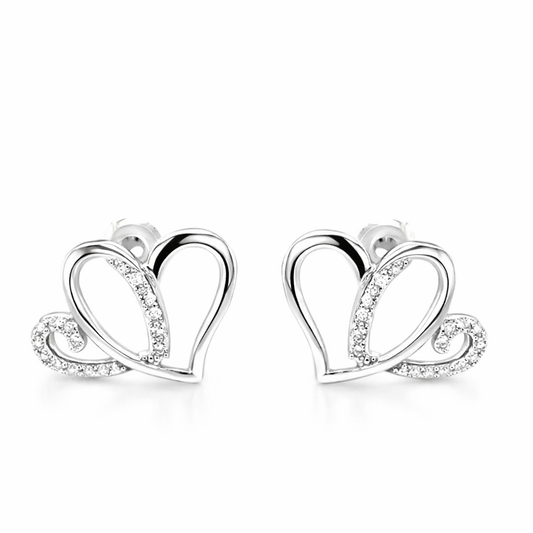 AH Moissanite Gemstone Accented Two Hearts Earrings | Rhodium Plated Sterling Silver | Moissanite | Anniversary Heart