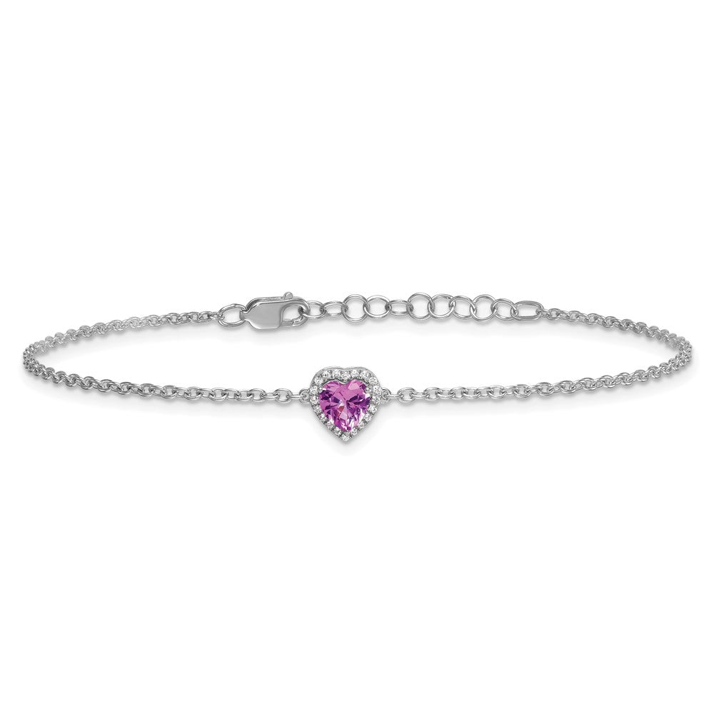 GGB 14k White Gold 1/20 carat Lab Grown Diamond VS+ F+ and Natural Pink Sapphire with 1 inch extension Complete Halo Heart Fashion Link Bracelet