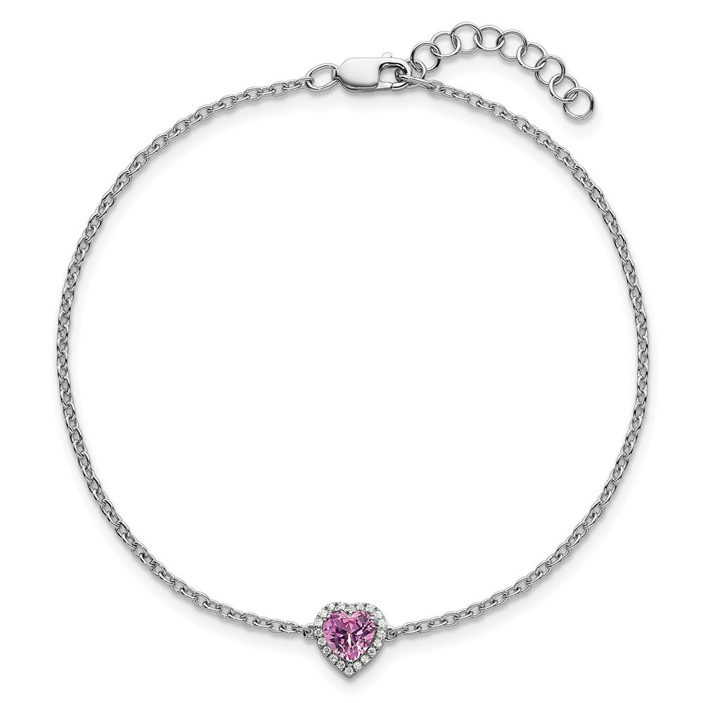 GGB 14k White Gold 1/20 carat Lab Grown Diamond VS+ F+ and Natural Pink Sapphire with 1 inch extension Complete Halo Heart Fashion Link Bracelet