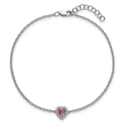GGB 14k White Gold 1/20 carat Lab Grown Diamond VS+ F+ and Natural Pink Sapphire with 1 inch extension Complete Halo Heart Fashion Link Bracelet