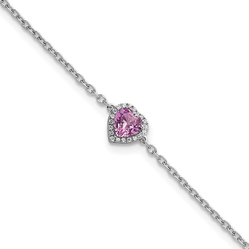 GGB 14k White Gold 1/20 carat Lab Grown Diamond VS+ F+ and Natural Pink Sapphire with 1 inch extension Complete Halo Heart Fashion Link Bracelet