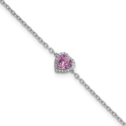 GGB 14k White Gold 1/20 carat Lab Grown Diamond VS+ F+ and Natural Pink Sapphire with 1 inch extension Complete Halo Heart Fashion Link Bracelet