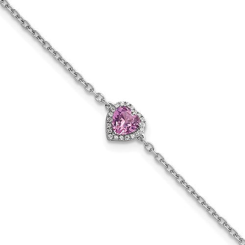 GGB 14k White Gold 1/20 carat Lab Grown Diamond VS+ F+ and Natural Pink Sapphire with 1 inch extension Complete Halo Heart Fashion Link Bracelet
