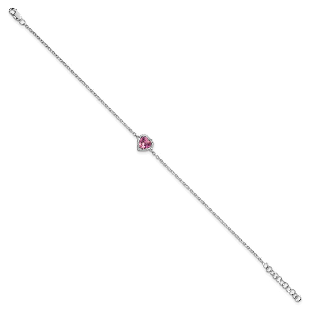 GGB 14k White Gold 1/15 carat Lab Grown Diamond VS+ F+ and Natural Pink Sapphire with 1 inch extension Complete Halo Heart Fashion Link Bracelet