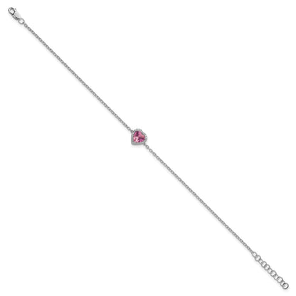 GGB 14k White Gold 1/15 carat Lab Grown Diamond VS+ F+ and Natural Pink Sapphire with 1 inch extension Complete Halo Heart Fashion Link Bracelet