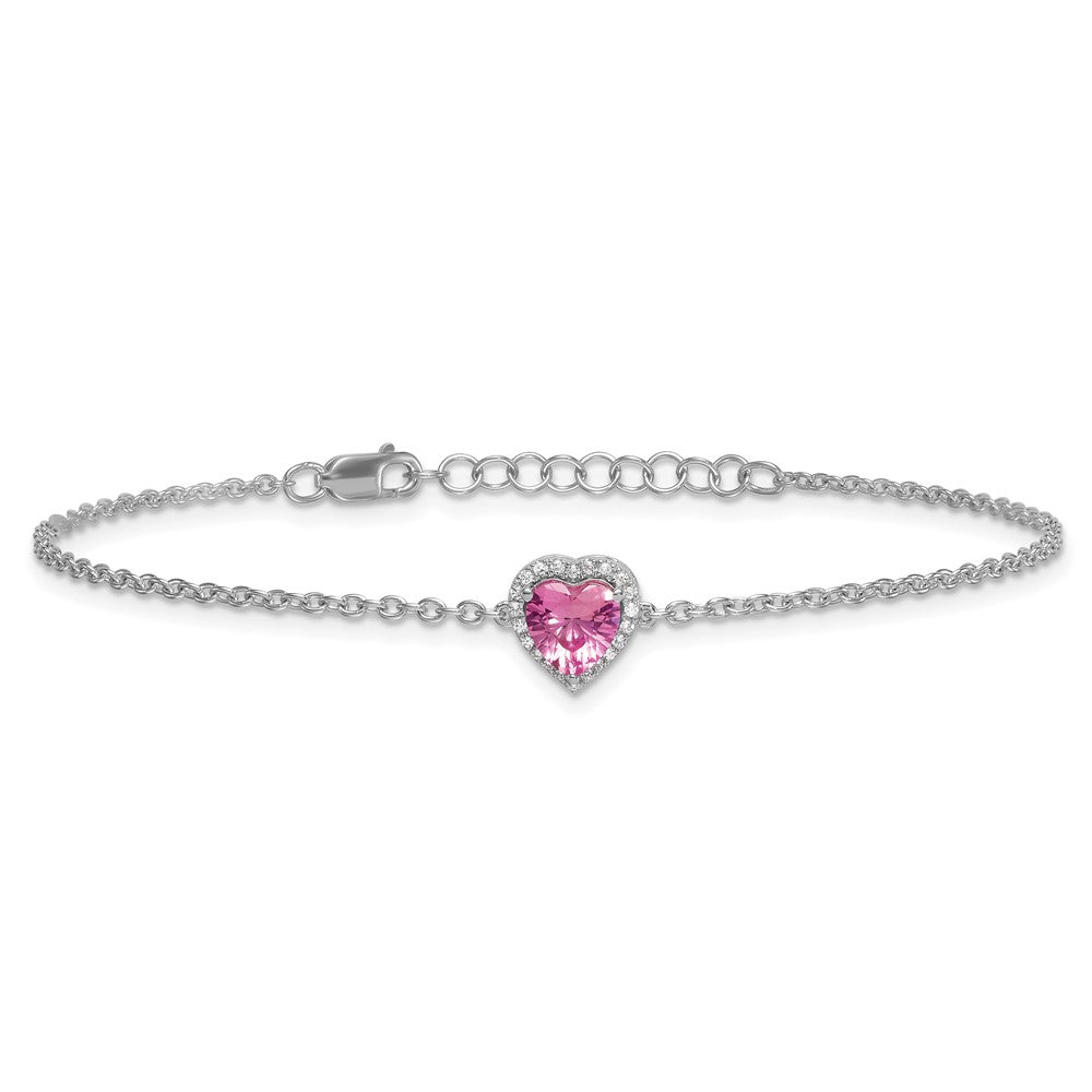 GGB 14k White Gold 1/15 carat Lab Grown Diamond VS+ F+ and Natural Pink Sapphire with 1 inch extension Complete Halo Heart Fashion Link Bracelet