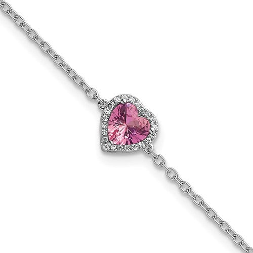 GGB 14k White Gold 1/15 carat Lab Grown Diamond VS+ F+ and Natural Pink Sapphire with 1 inch extension Complete Halo Heart Fashion Link Bracelet