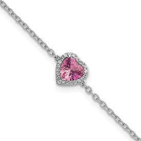 GGB 14k White Gold 1/15 carat Lab Grown Diamond VS+ F+ and Natural Pink Sapphire with 1 inch extension Complete Halo Heart Fashion Link Bracelet