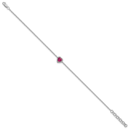 GGB 14k White Gold 1/20 carat Lab Grown Diamond VS+ F+ and Natural Ruby with 1 inch extension Complete Halo Heart Fashion Link Bracelet