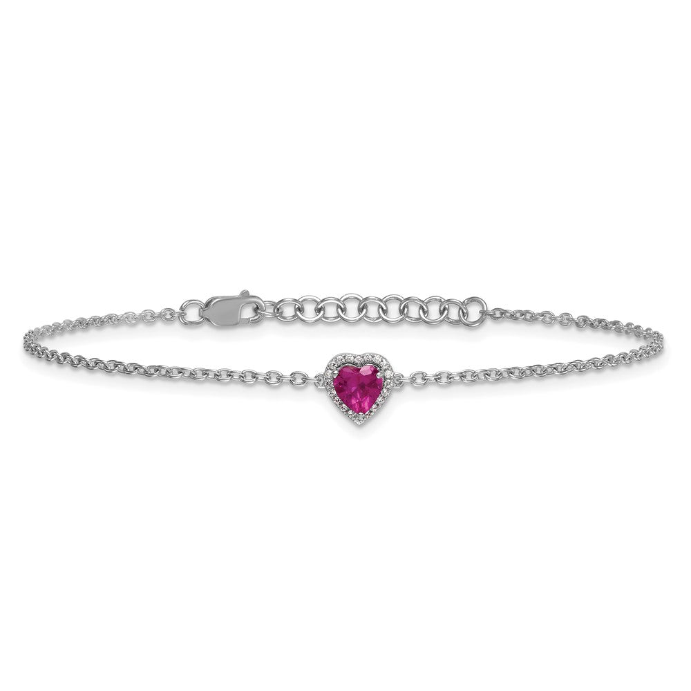 GGB 14k White Gold 1/20 carat Lab Grown Diamond VS+ F+ and Natural Ruby with 1 inch extension Complete Halo Heart Fashion Link Bracelet