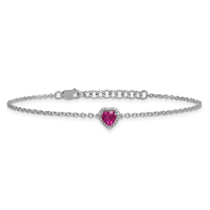 GGB 14k White Gold 1/20 carat Lab Grown Diamond VS+ F+ and Natural Ruby with 1 inch extension Complete Halo Heart Fashion Link Bracelet