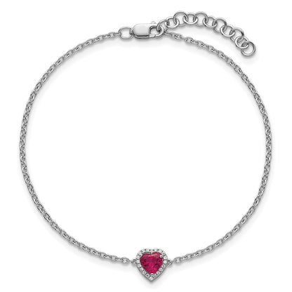 GGB 14k White Gold 1/20 carat Lab Grown Diamond VS+ F+ and Natural Ruby with 1 inch extension Complete Halo Heart Fashion Link Bracelet