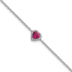 GGB 14k White Gold 1/20 carat Lab Grown Diamond VS+ F+ and Natural Ruby with 1 inch extension Complete Halo Heart Fashion Link Bracelet