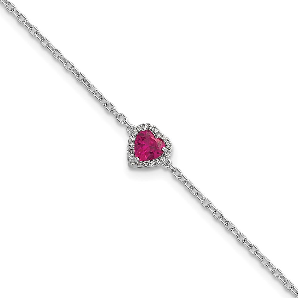 GGB 14k White Gold 1/20 carat Lab Grown Diamond VS+ F+ and Natural Ruby with 1 inch extension Complete Halo Heart Fashion Link Bracelet