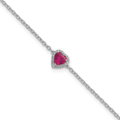 GGB 14k White Gold 1/20 carat Lab Grown Diamond VS+ F+ and Natural Ruby with 1 inch extension Complete Halo Heart Fashion Link Bracelet
