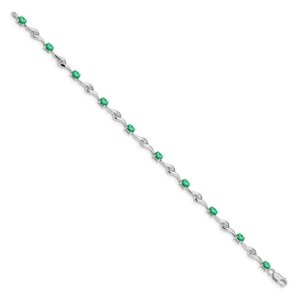 GGB 14k White Gold Complete Oval Emerald and Round White Sapphire Curved Link 7 inch Bracelet