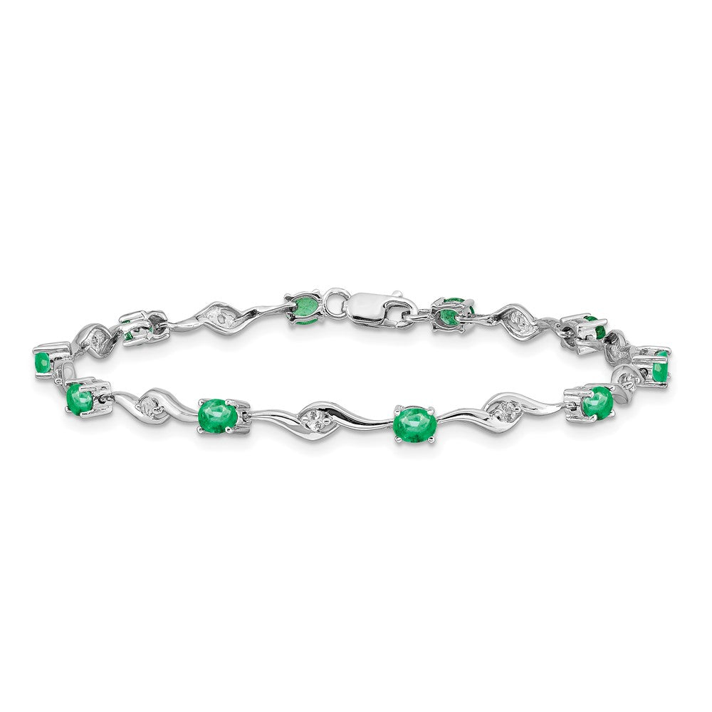 GGB 14k White Gold Complete Oval Emerald and Round White Sapphire Curved Link 7 inch Bracelet