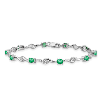 GGB 14k White Gold Complete Oval Emerald and Round White Sapphire Curved Link 7 inch Bracelet