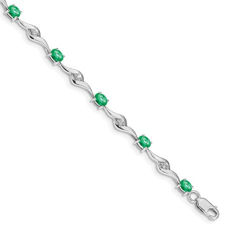 GGB 14k White Gold Complete Oval Emerald and Round White Sapphire Curved Link 7 inch Bracelet