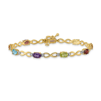 GGB 14k Complete Diamond and Oval Garnet/Swiss Blue Topaz/Citrine/Amethyst/Peridot Infinity 7 inch Rainbow Bracelet