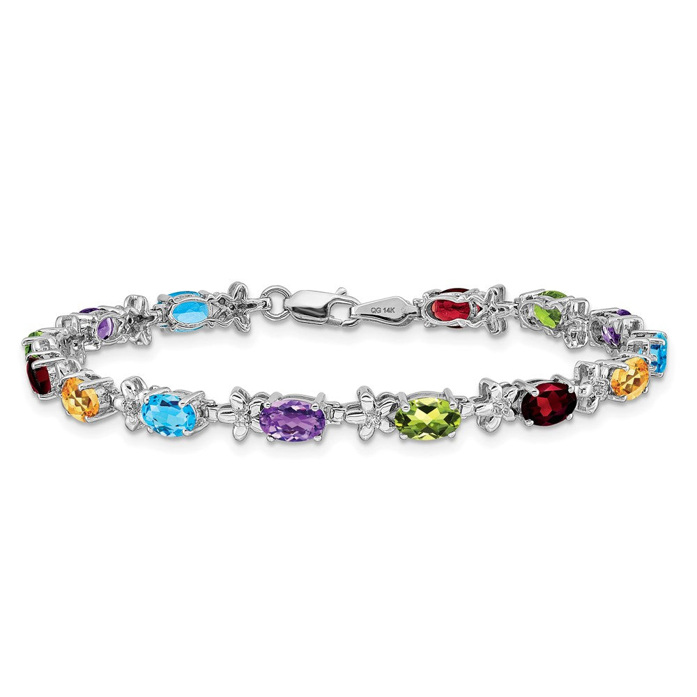 GGB 14k White Gold Complete Diamond and Oval Garnet/Swiss Blue Topaz/Citrine/Amethyst/Peridot Floral 7 inch Rainbow Bracelet