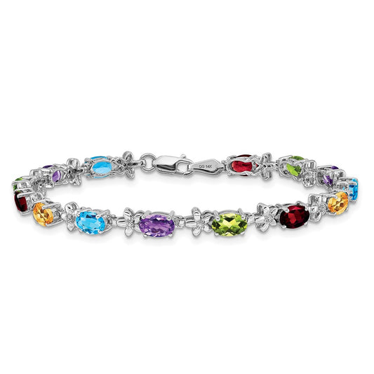 GGB 14k White Gold Complete Diamond and Oval Garnet/Swiss Blue Topaz/Citrine/Amethyst/Peridot Floral 7 inch Rainbow Bracelet