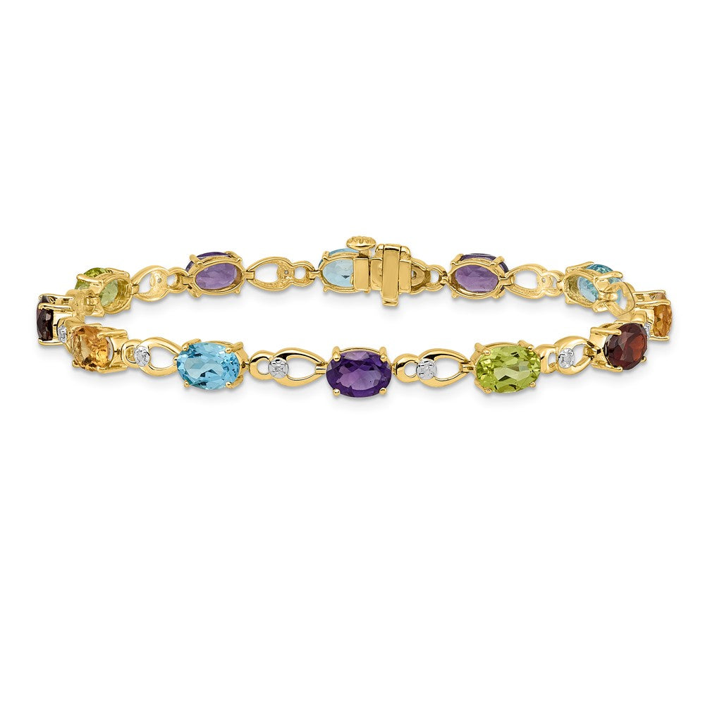GGB 14k Complete Diamond and Amethyst/Swiss Blue Topaz/Citrine/Garnet/Peridot Fancy Link 7 inch Rainbow Bracelet