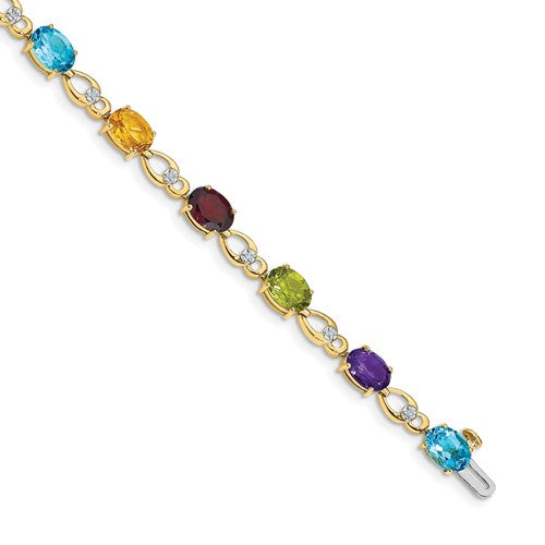 GGB 14k Complete Diamond and Amethyst/Swiss Blue Topaz/Citrine/Garnet/Peridot Fancy Link 7 inch Rainbow Bracelet