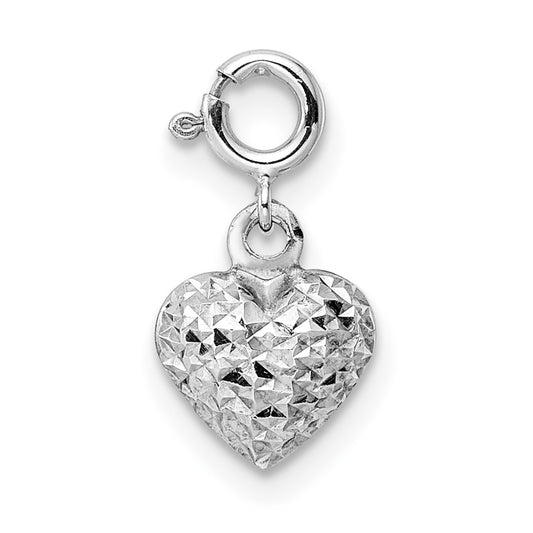 GCM 14K White Gold 3-D Puffed Diamond-cut Heart with Spring Ring Clasp Charm