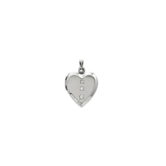 14k White Gold Polished Heart with 3 CZs on Locket Necklace