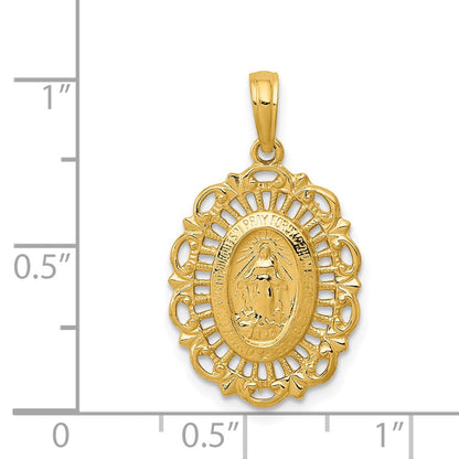 GP 14k Polished and Satin Solid Miraculous Medal Scalloped Edge Oval Pendant