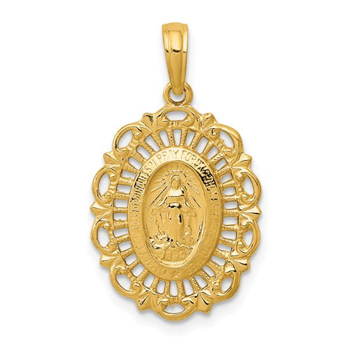 GP 14k Polished and Satin Solid Miraculous Medal Scalloped Edge Oval Pendant