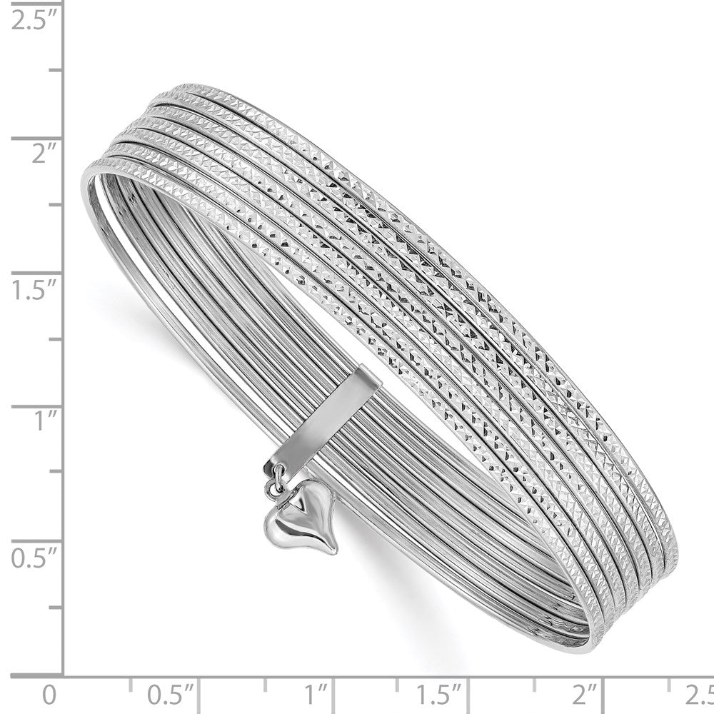 GB 14K White Gold Polished and Textured with Dangle Heart 7-Strand 11.00mm Slip-on Round Bangle Bracelet