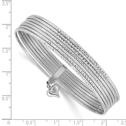 GB 14K White Gold Polished and Textured with Dangle Heart 7-Strand 11.00mm Slip-on Round Bangle Bracelet