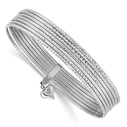 GB 14K White Gold Polished and Textured with Dangle Heart 7-Strand 11.00mm Slip-on Round Bangle Bracelet