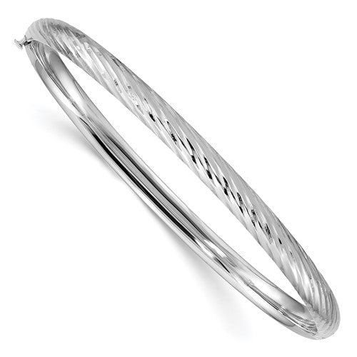 GB 14k White Gold 3/16 Polished Textured 4.75mm Hinged Oval Bangle Bracelet