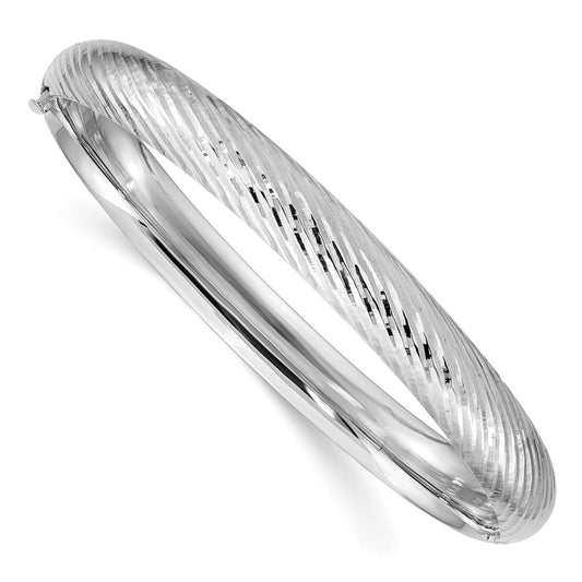 GB 14k White Gold 5/16 Polished Textured 8.00mm Hinged Oval Bangle Bracelet