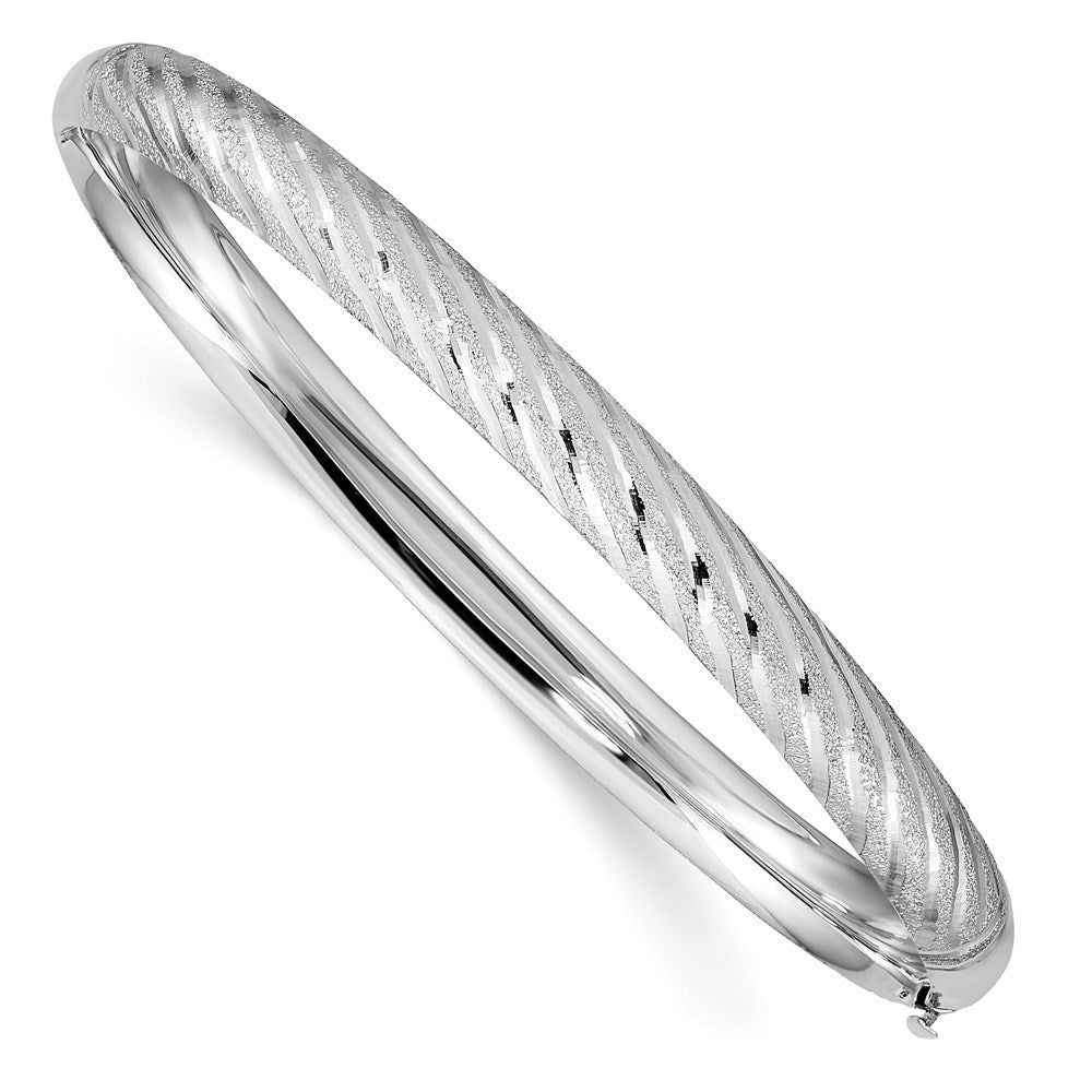 GB 14k White Gold Polished Textured Diamond-cut 6.20mm Twisted Hinged Oval Bangle Bracelet