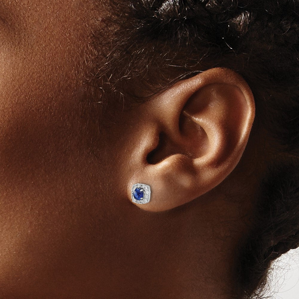 GGE 14k White Gold 1/5 carat Lab Grown Diamond VS/SI+ G+ and Created Sapphire Complete Square Halo Post Earrings