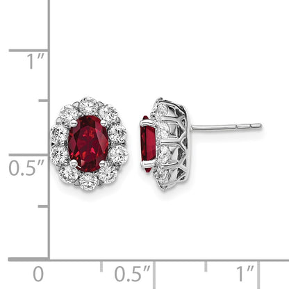 LGWE 14k White Gold 1 1/5 carat Lab Grown Diamond VS/SI+ G+ and Oval Created Ruby Complete Halo Post Earrings