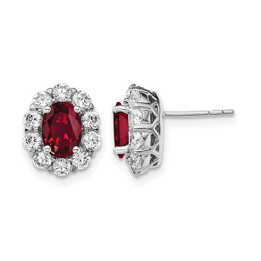 LGWE 14k White Gold 1 1/5 carat Lab Grown Diamond VS/SI+ G+ and Oval Created Ruby Complete Halo Post Earrings