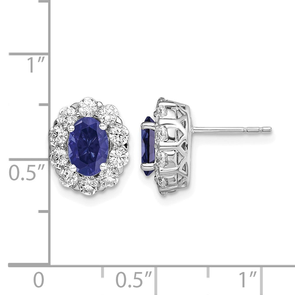 LGWE 14k White Gold 1 1/5 carat Lab Grown Diamond VS/SI+ G+ and Oval Created Sapphire Halo Post Earrings
