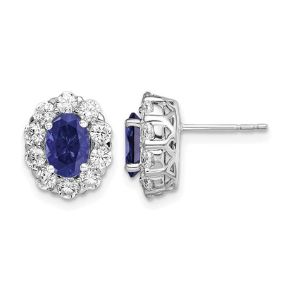 LGWE 14k White Gold 1 1/5 carat Lab Grown Diamond VS/SI+ G+ and Oval Created Sapphire Halo Post Earrings