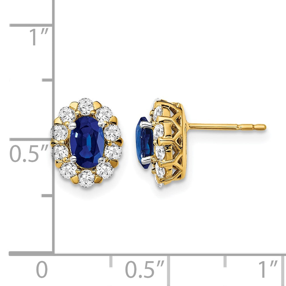 LGWE 14k 5/8 carat Lab Grown Diamond VS/SI+ G+ and Oval Created Sapphire Halo Post Earrings