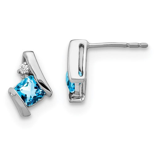 GSSE Sterling Silver Antique Cushion Blue Topaz and Diamond Earrings