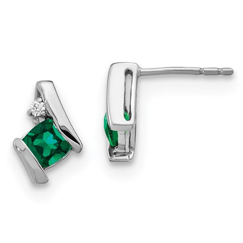 GSSE Sterling Silver Antique Cushion Cr. Emerald and Diamond Earrings
