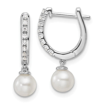 LBYE 14k White Gold 1/10 carat Lab Grown Diamond VS/SI+ G+ and 5.50 mm Round Freshwater Cultured Pearl Complete Hinged Hoop Earrings