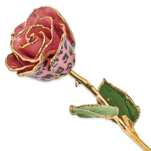 GR Lacquer Dipped Gold Trimmed Pink and Black Leopard Real Rose