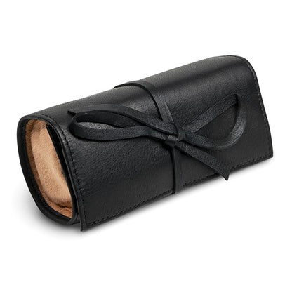 JP Black Leather Tie Jewelry Roll with Removable Zippered Pouch